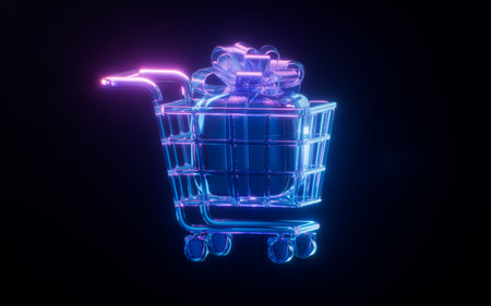 Shopping cart with dark neon light effect, 3d rendering. 3D illustration.の写真素材