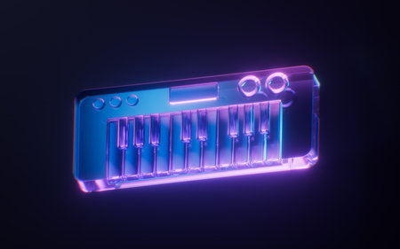 Music piano with dark neon light effect, 3d rendering. 3D illustration.の写真素材