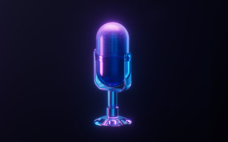 Microphone with dark neon light effect, 3d rendering. 3D illustration.の写真素材