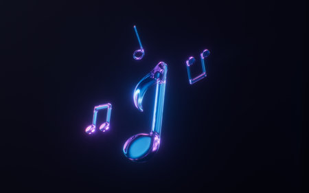 Music notes with dark neon light effect, 3d rendering. 3D illustration.の写真素材