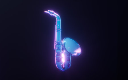 Saxophone with dark neon light effect, 3d rendering. 3D illustration.の写真素材