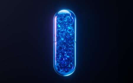 Medical capsule with dark neon light effect, 3d rendering. 3D illustration.の写真素材