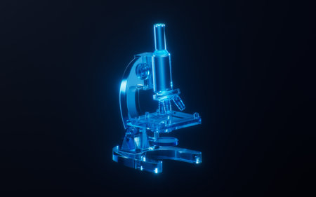 Microscope with dark neon light effect, 3d rendering. 3D illustration.