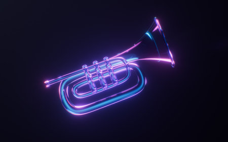 Trumpet with dark neon light effect, 3d rendering. 3D illustration.の写真素材