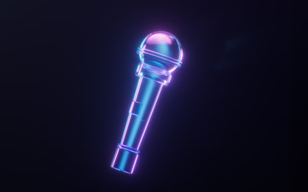 Microphone with dark neon light effect, 3d rendering. 3D illustration.の写真素材