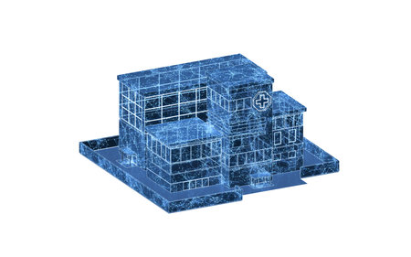 Hospital model with blue structure lines, 3d rendering. 3D illustration.