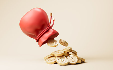 Red festive bag and golden coins, 3d rendering. 3D illustration.の写真素材