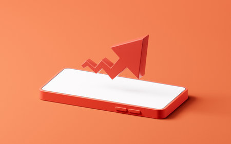A cell phone with red growth arrow on it, 3d rendering. 3D illustration.の写真素材