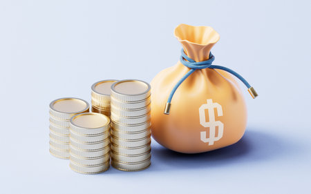 Yellow cartoon money bag and golden coins, 3d rendering. 3D illustration.
