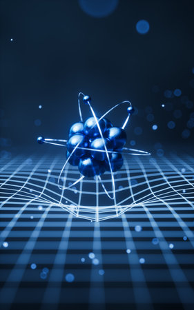 Physics atom with dark blue background, 3d rendering. 3D illustration.の写真素材