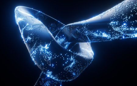 Abstract curve geometry with flowing particles, 3d rendering. 3D illustration.の写真素材