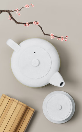 Chinese style teapot and teacup, 3d rendering. 3D illustration.の写真素材
