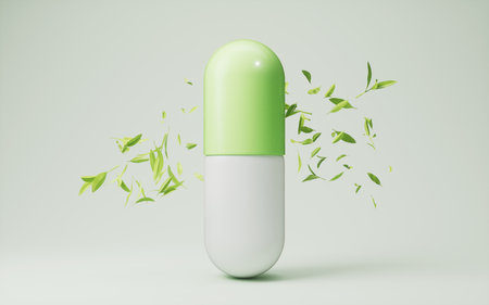 Medical capsule and green leaves, 3d rendering. 3D illustration.の写真素材