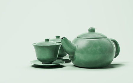 Chinese style teapot and teacup, 3d rendering. 3D illustration.の写真素材