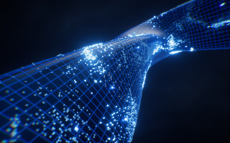 Abstract curve geometry with flowing particles, 3d rendering. 3D illustration.