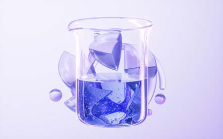 Chemical beaker with purple glass background, 3d rendering. 3D illustration.の写真素材