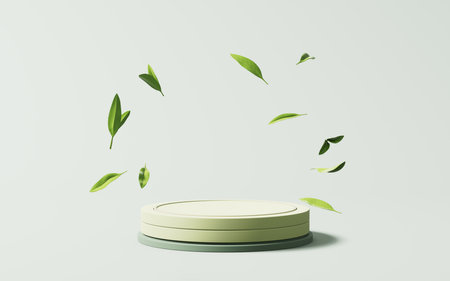 Green natural tea leaves and product stage, 3d rendering. 3D illustration.の写真素材