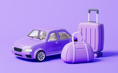 Car and travel with cartoon style, 3d rendering. 3D illustration.の写真素材