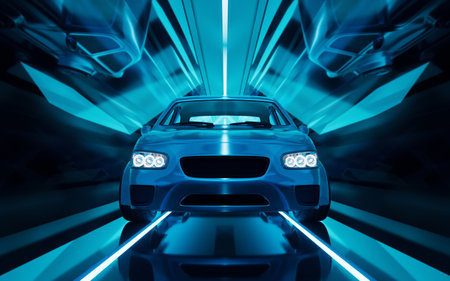 Car in the dark neon tunnel, 3d rendering. 3D illustration.の写真素材