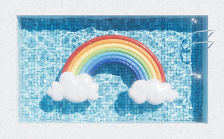 Swimming pool and floating rainbow, 3d rendering. 3D illustration.の写真素材