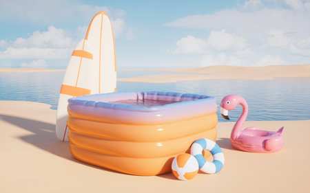 Inflatable cartoon style swimming pool, 3d rendering. 3D illustration.