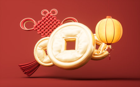 Inflatable Chinese ancient lantern and golden coins balloons, 3d rendering. 3D illustration.の写真素材