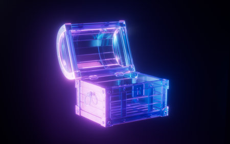 Retro treasure box with neon light, 3d rendering. 3D illustration.の写真素材