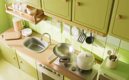 Kitchen room with cartoon style, 3d rendering. 3D illustration.の写真素材