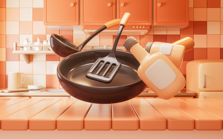Cookware in the kitchen room with cartoon style, 3d rendering. 3D illustration.の写真素材