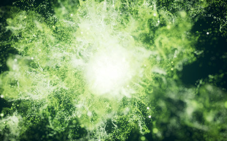 Green flowing particles with explosive wave effect, 3d rendering. 3D illustration.の写真素材