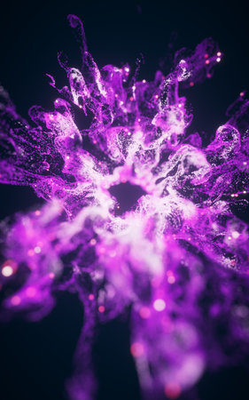 Purple flowing particles with explosive wave effect, 3d rendering. 3D illustration.
