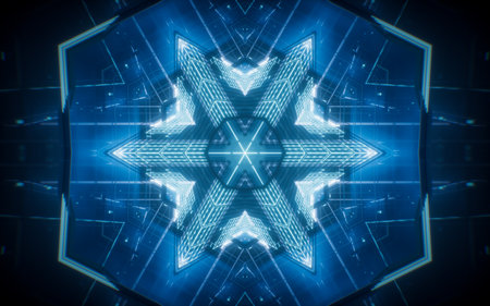 Abstract neon kaleidoscope pattern with glowing effects, 3d rendering. 3D illustration.