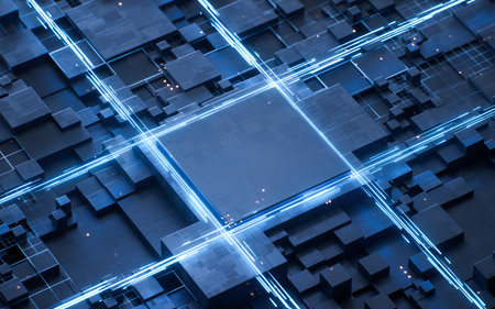Technology circuit board and core, 3d rendering. 3D illustration.