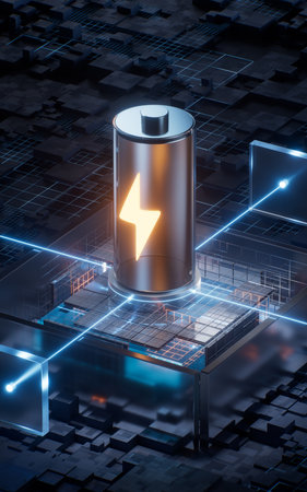 Battery with technological circuit background, 3d rendering. 3D illustration.の写真素材