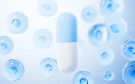 Transparent blue cells and medical capsule, 3d rendering. 3D illustration.の写真素材