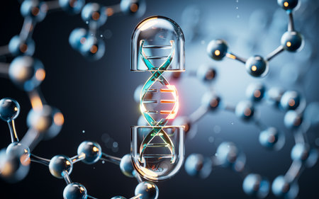 Medical capsule with transparent molecules background, 3d rendering. 3D illustration.の写真素材