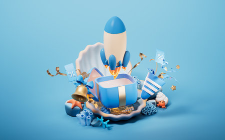 Scallop shell underwater with gift box inside, 3d rendering. 3D illustration.