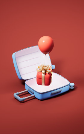 Luggage and gift box with cartoon style, 3d rendering. 3D illustration.の写真素材