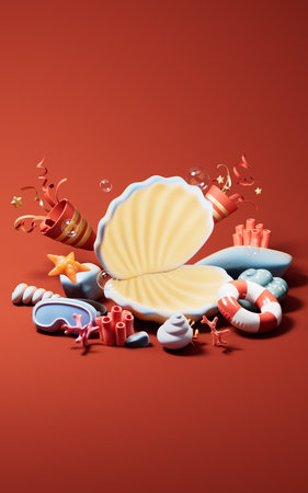 Scallop shell underwater with cartoon style, 3d rendering. 3D illustration.の写真素材