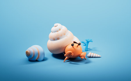 Hermit crab and spiral shell with cartoon style, 3d rendering. 3D illustration.の写真素材