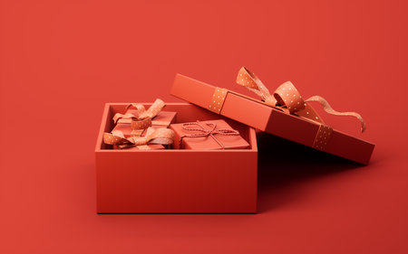 Opening red cartoon style gift box, 3d rendering. 3D illustration.の写真素材