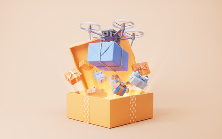 Drone carrying the gift box with celebrating concept, 3d rendering. 3D illustration.の写真素材