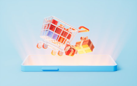 Shopping cart coming out from the mobile phone, 3d rendering. 3D illustration.の写真素材