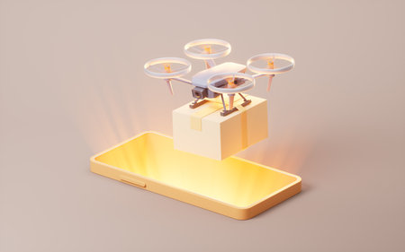 Drone carrying the box on the mobile phone, 3d rendering. 3D illustration.の写真素材
