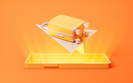Mobile phone with flying luggage on it, 3d rendering. 3D illustration.の写真素材
