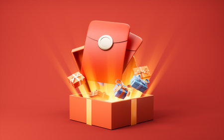 Opening red cartoon style gift box and red packet, 3d rendering. 3D illustration.の写真素材
