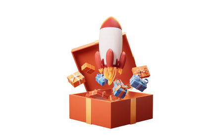 Opening red cartoon style gift box and rocket, 3d rendering.