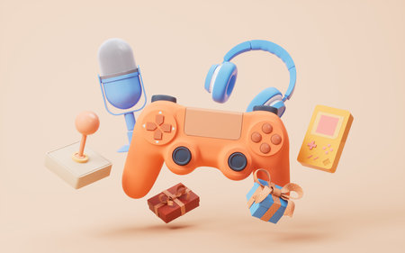 Cartoon style gamepad and recreation equipment, 3d rendering. 3D illustration.