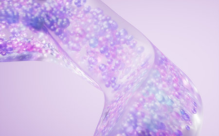 Flowing purple particles in glass geometry, 3d rendering. 3D illustration.