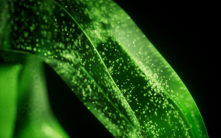 Green glowing particles in glass geometry, 3d rendering. 3D illustration.